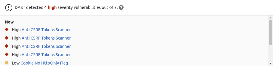 DAST widget, showing the vulnerability statistics and a list of vulnerabilities